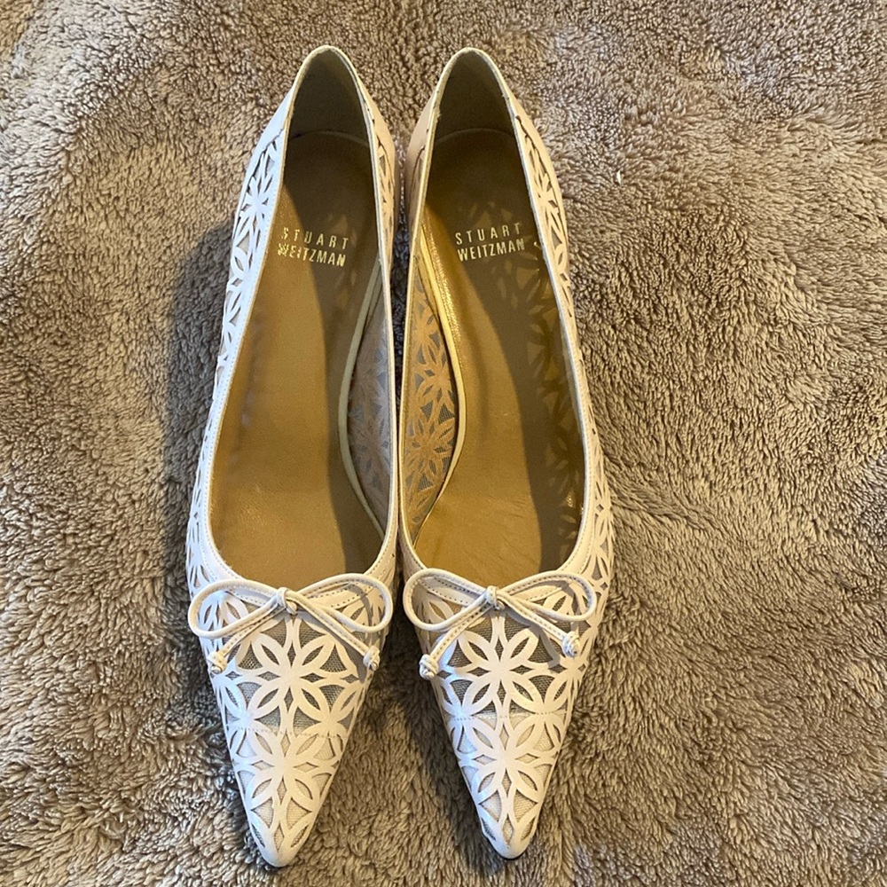 Stuart Weitzman Pale Pink Leather Lace Pumps with 2” Kitten Heels.